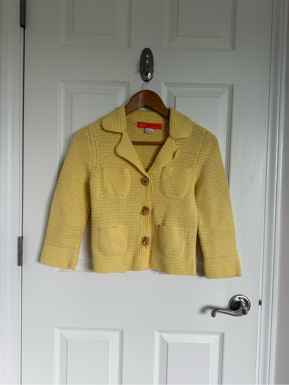 Cynthia Steffe Yellow Chunky Cotton Knit Crochet Cardigan Sweater Blazer Size XS
